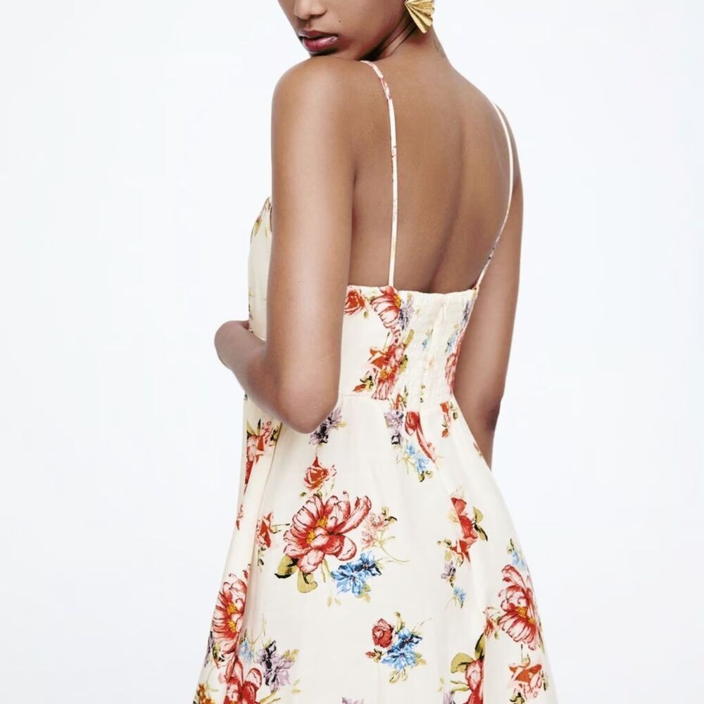 Zara Corset Style Cream Floral Cottagecore Camisole Mini Sun Dress Size Medium - Picture 9 of 13